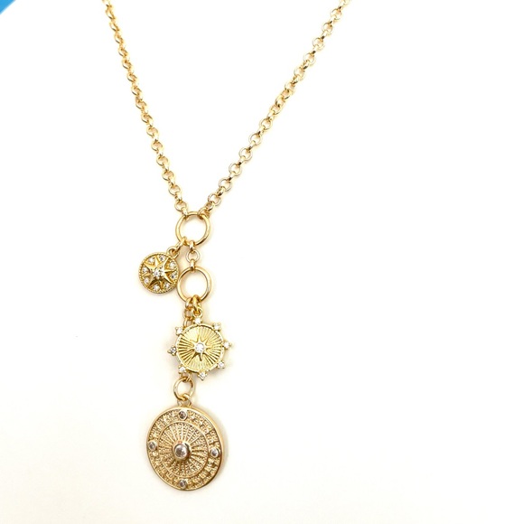 Multi Charm Necklace Rolo Chain Drop Lariat Compass North Star Burst Med… - Picture 5 of 5